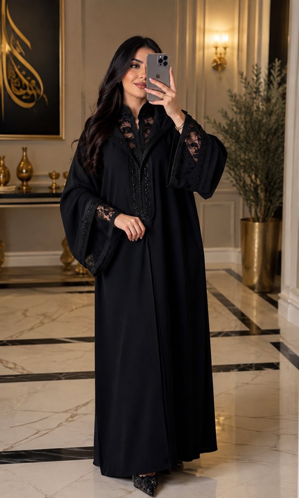 Abaya noire dentelle et perles