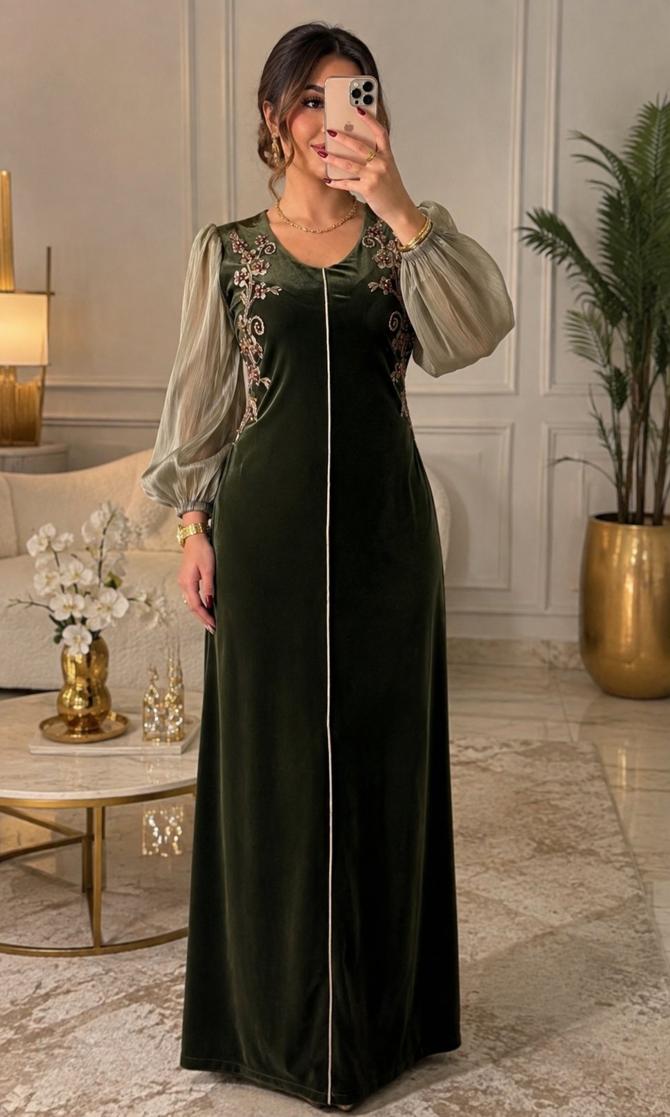 Robe velours vert forêt manches bouffantes