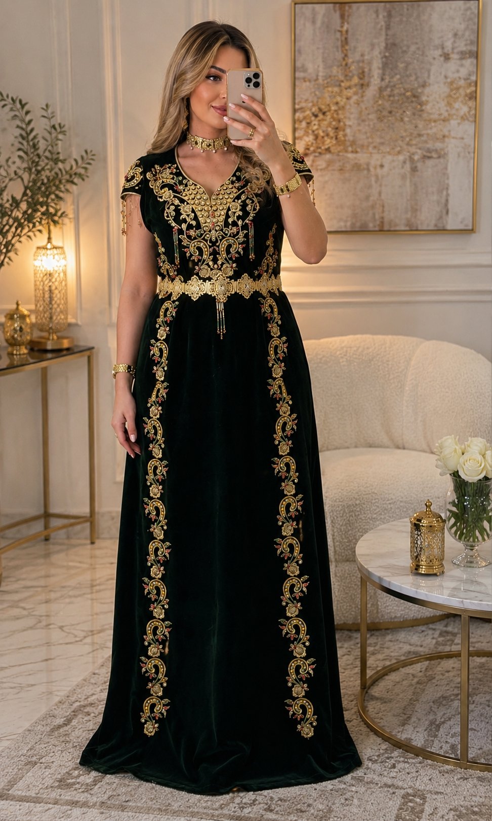 Caftan velours vert forêt broderies or