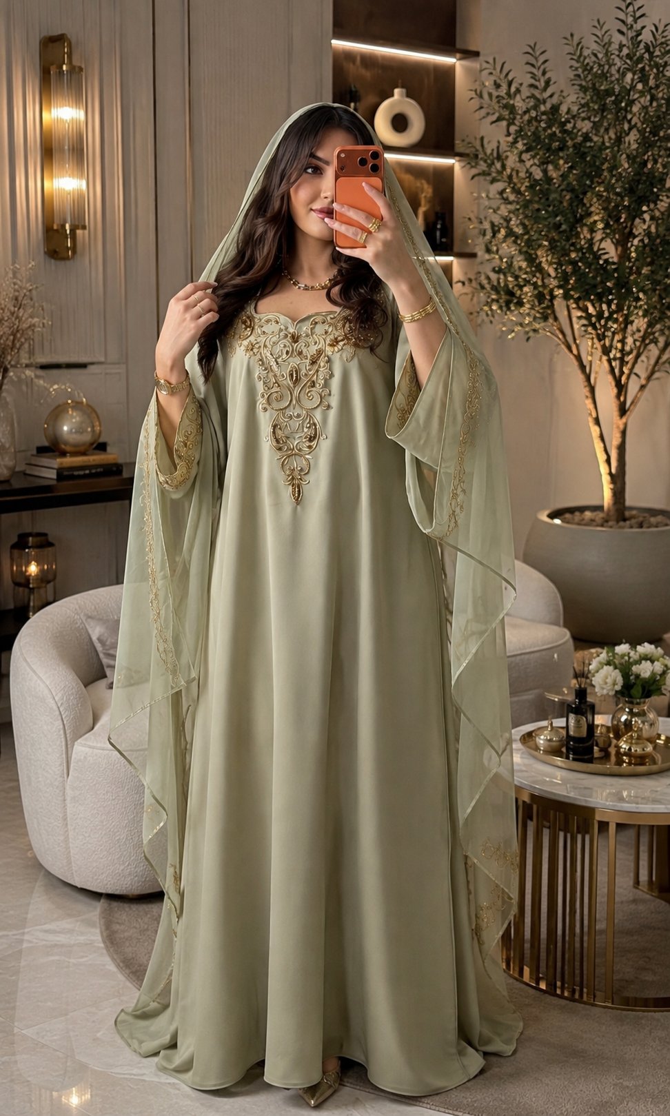 Kaftan vert sauge broderies dorées