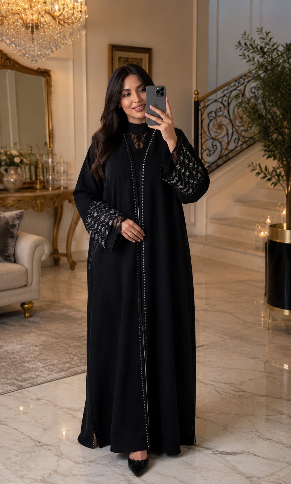 Abaya noire studs et broderies argent