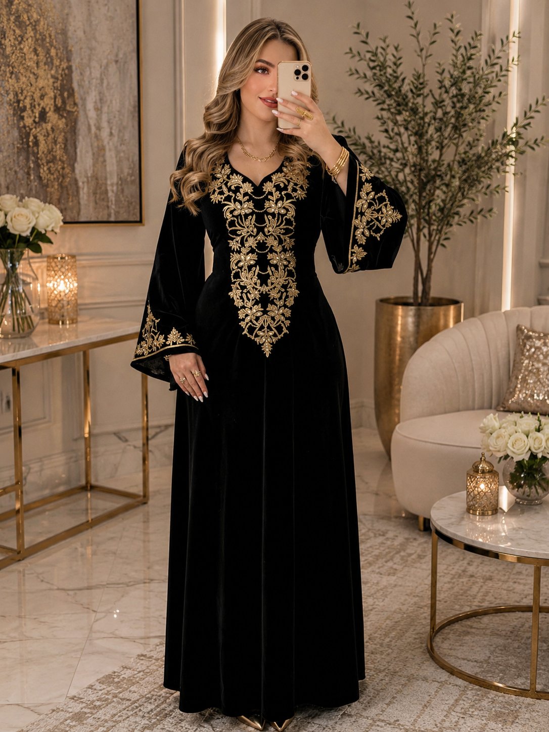 Robe velours noir broderies dorées