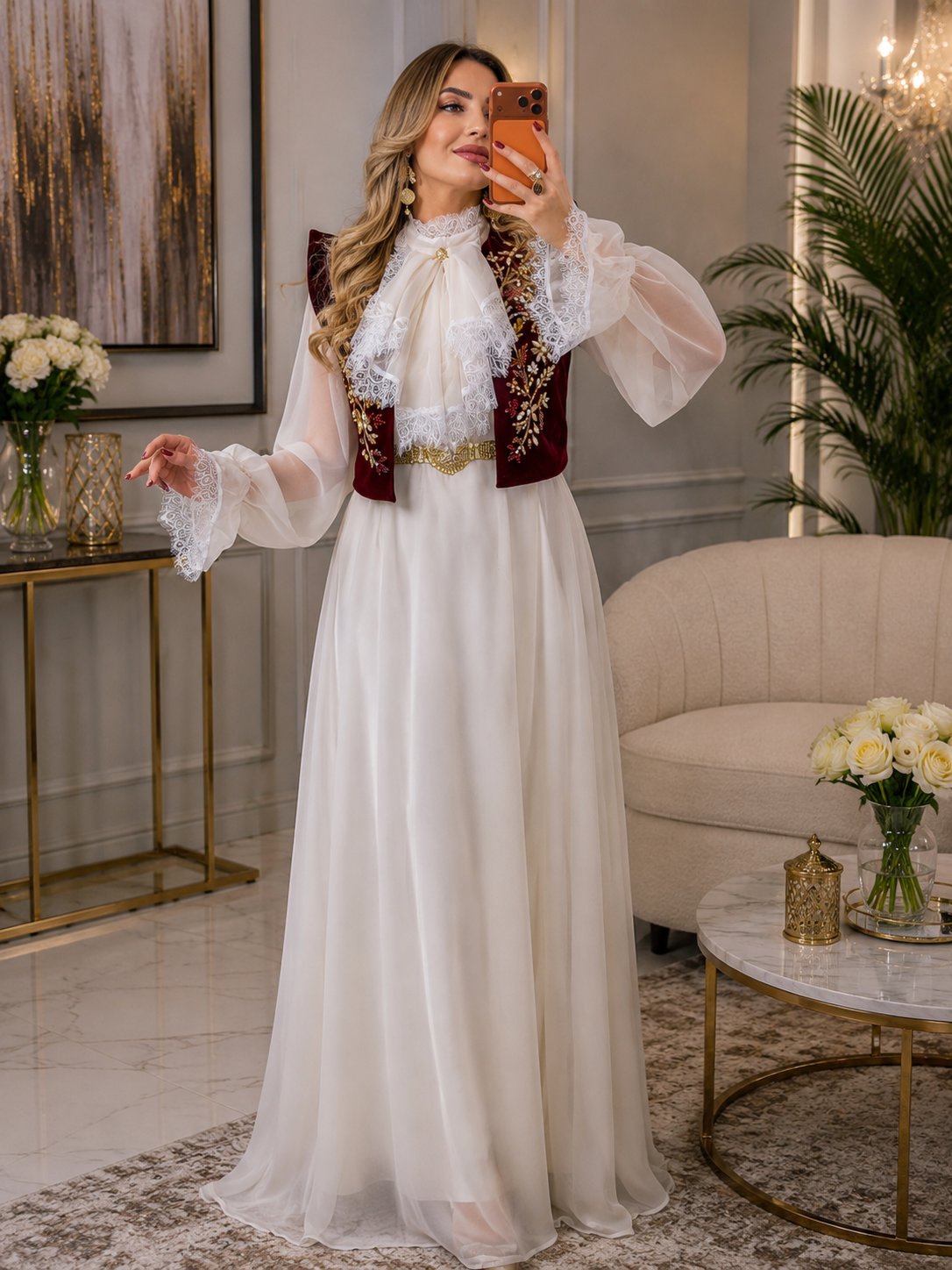 Ghlila blanche gilet bordeaux brodé or