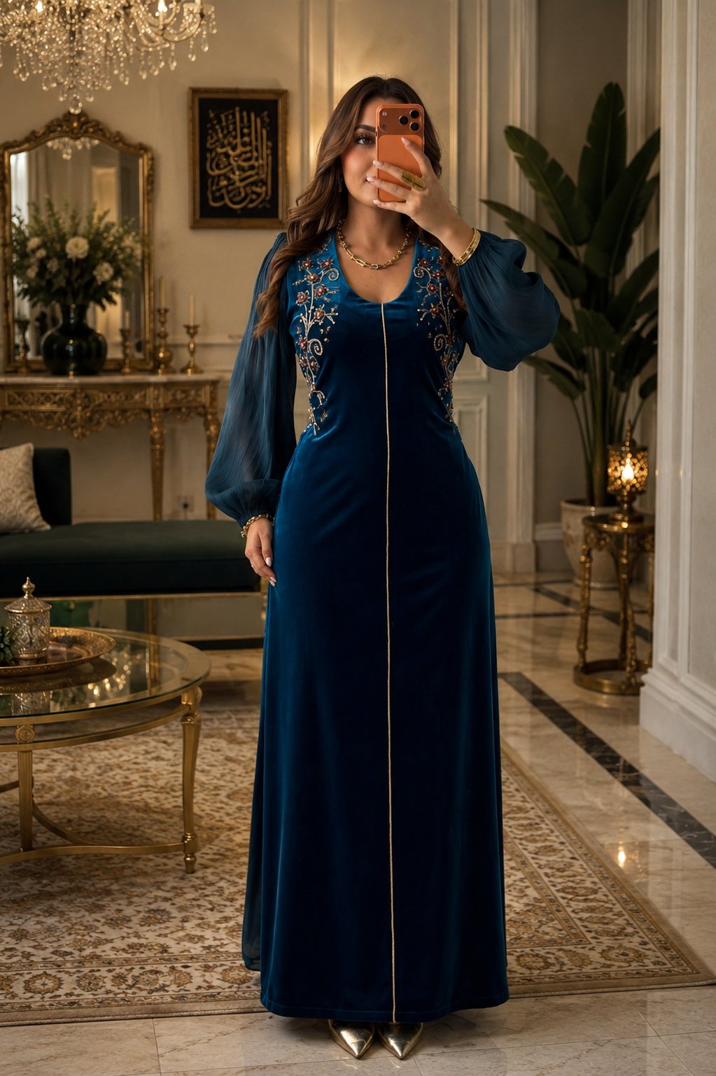 Robe velours bleu paon manches voilées